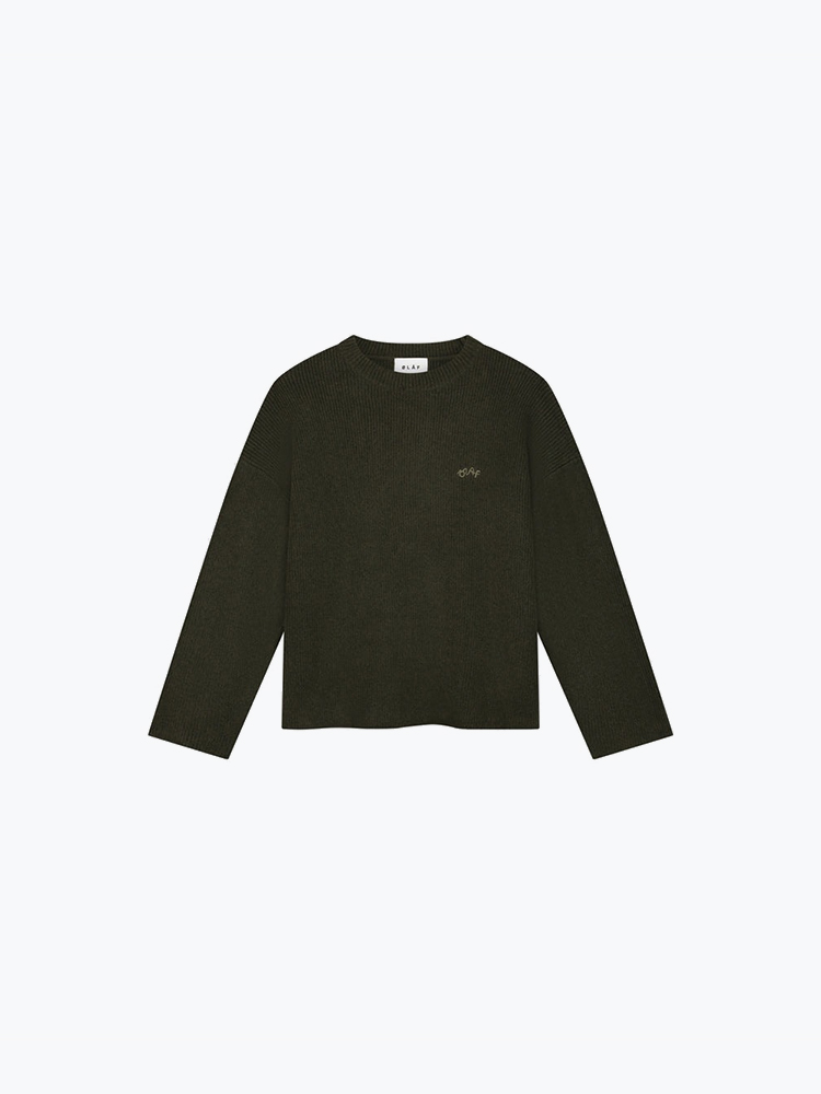 OLAF – Olaf - Signature Knitted Crewneck Olive Night - Truien - Heren – Groen – Truien