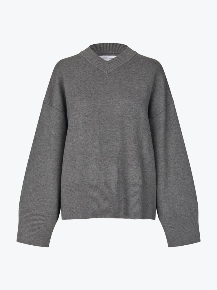 Samsoe Samsoe – Samsoe Samsoe - Salula V-Neck 15825 Dark Grey - Truien - Dames – Grijs – Truien