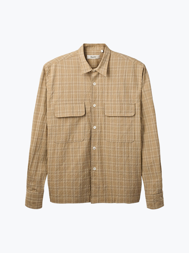 Foret – Forét - Lunar Relaxed Fit Textured Overshirt Khaki Check - Overhemden - Heren – Beige – Overhemden