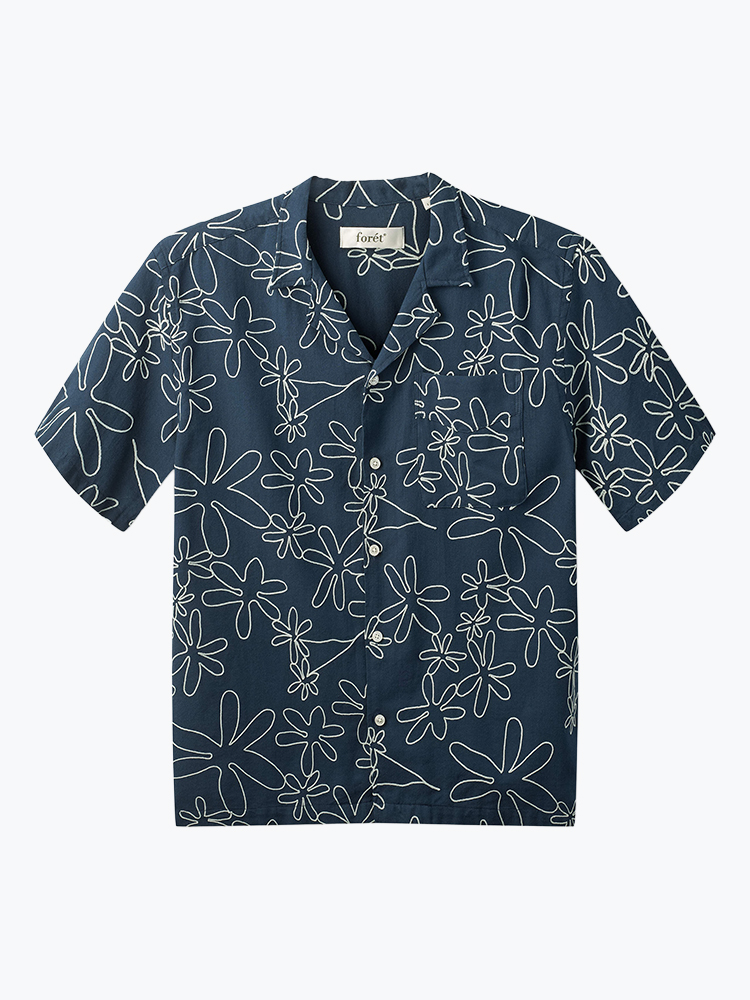 Foret – Forét - Peer Embroidery Regular Fit SS Shirt Navy - Overhemden - Heren – Blauw – Overhemden