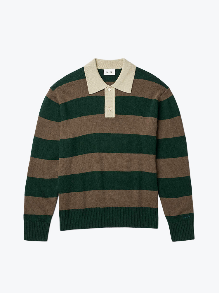 Foret Foret - Frost Stripe Knit Polo Deep Green Stripe - T-Shirts - Heren Groen T-Shirts